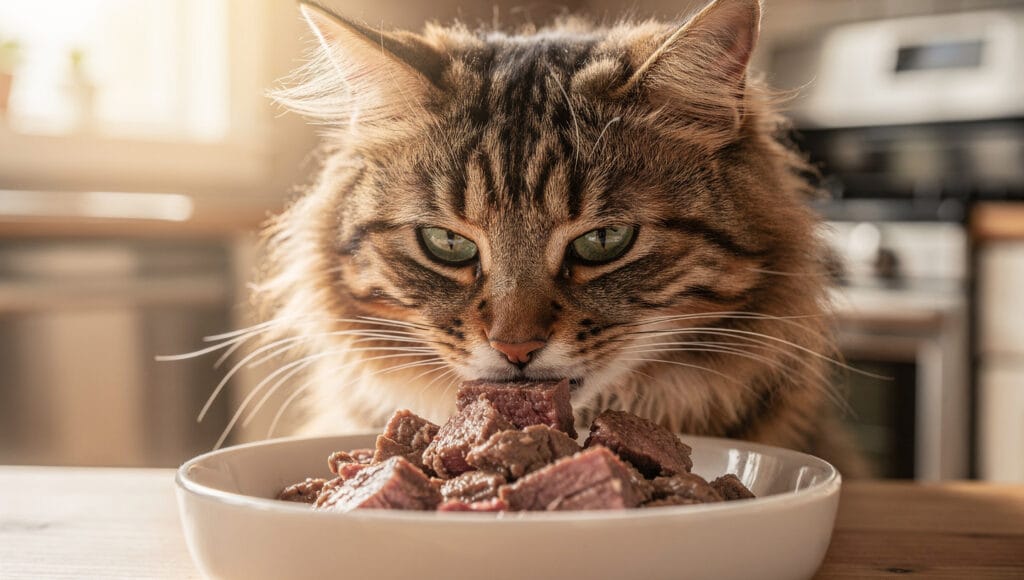 What Do Cats Eat? A healthy tabby cat enjoying a bowl of high-protein wet food, representing the best diet for cats