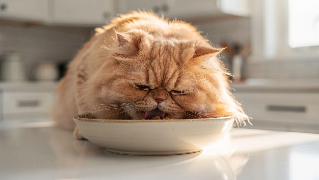 A Persian cat eating from a whisker-friendly shallow bowl.