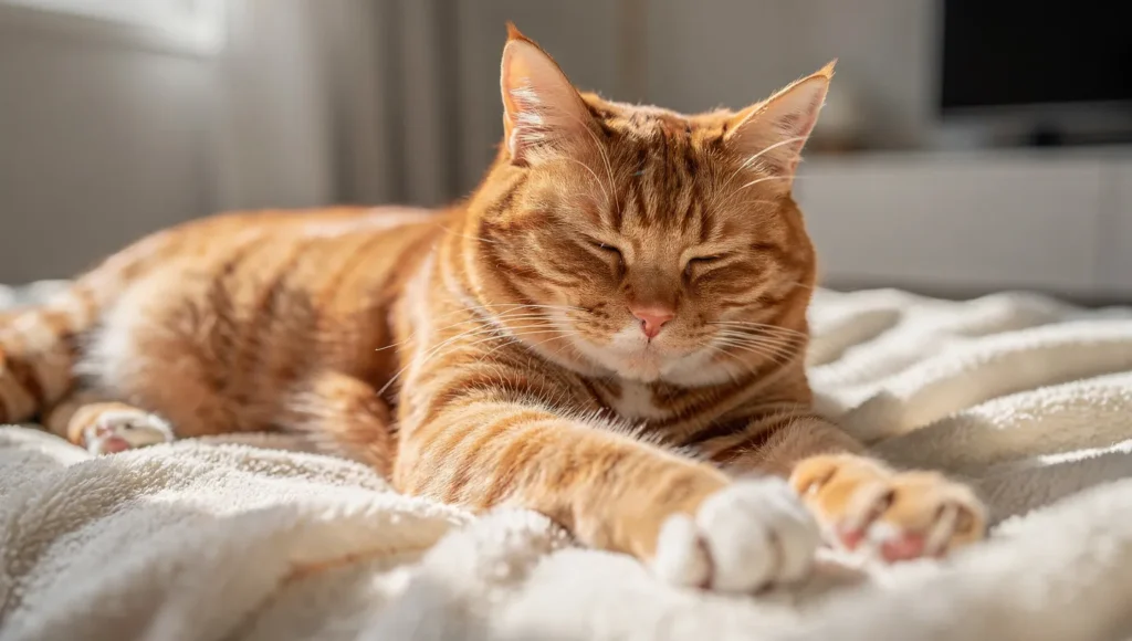 Calm cat with trimmed nails resting on soft blanket
