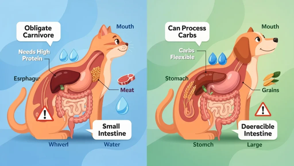 What Do Cats Eat? Cat vs dog digestive system comparison infographic