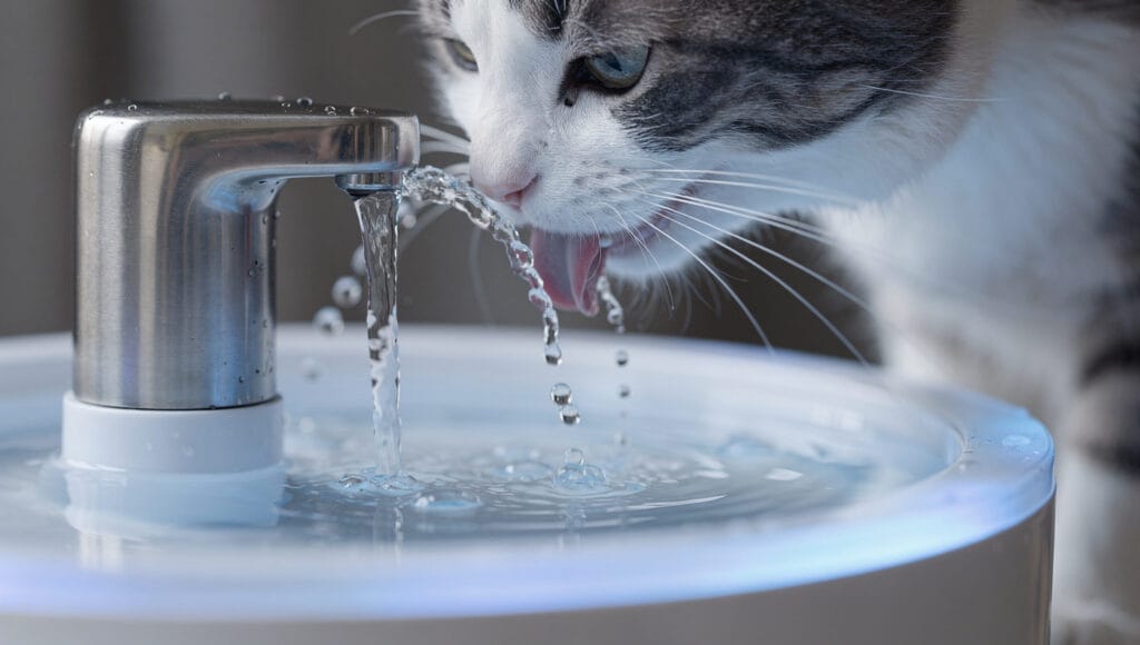 A cat drinking fresh water from a fountain to stay hydrated and prevent kidney issues.