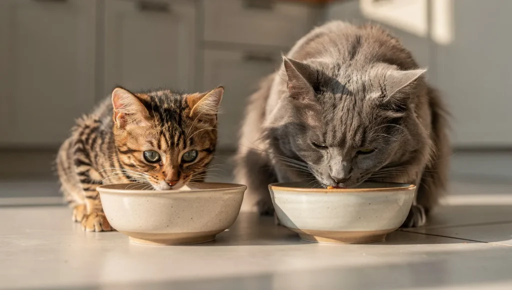 Kitten and senior cat eating from separate bowls — daily feeding routine