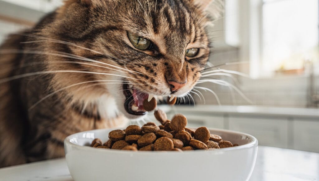 Cat eating dry food too quickly, which causes regurgitation and vomiting
