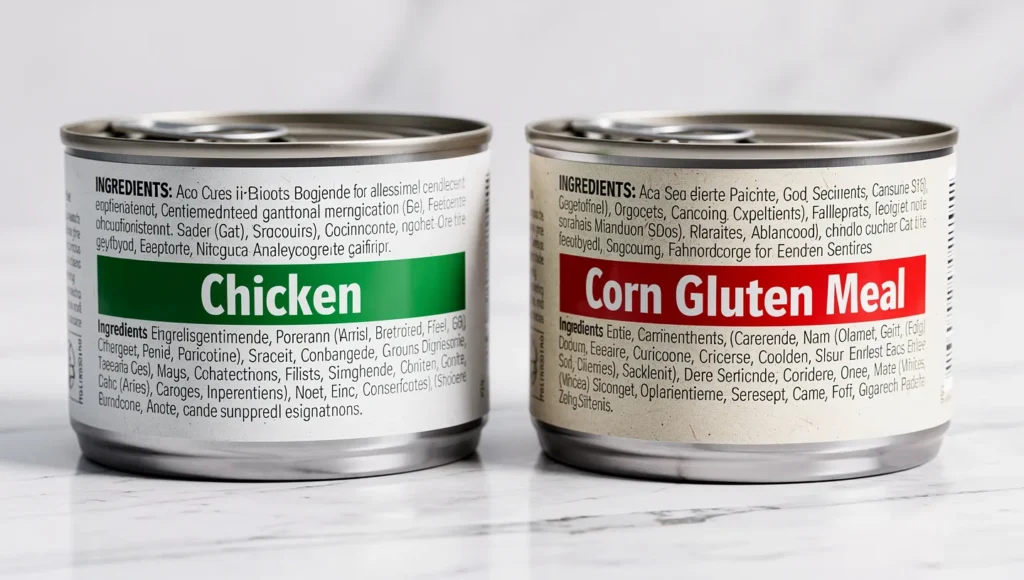 Healthy vs unhealthy cat food label ingredients