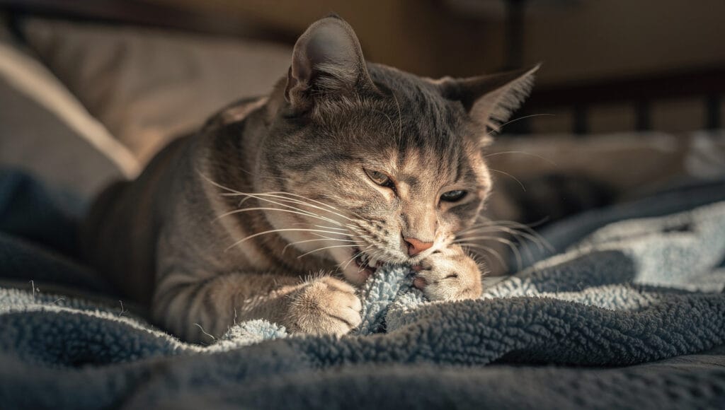 A cat kneading and gently biting a blanket, showing a self-soothing behavior linked to comfort and security.