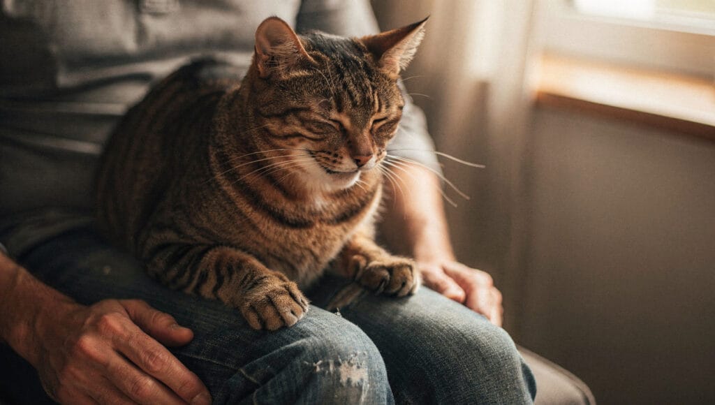 A relaxed tabby cat kneading its owner’s lap as a sign of trust, comfort, and emotional bonding.