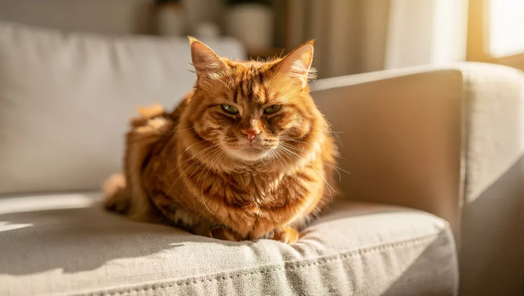Cat in loaf position sleeping on couch – normal cat behavior