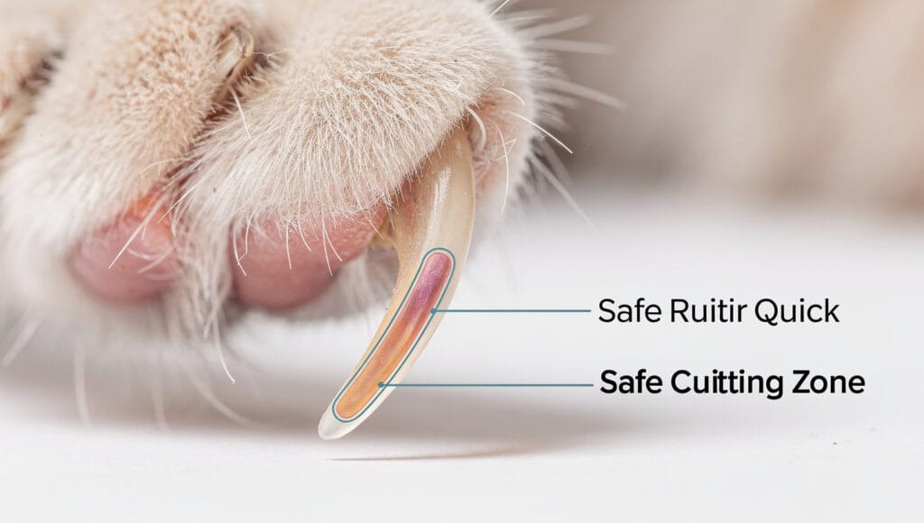 Cat nail anatomy showing the quick and safe cutting zone