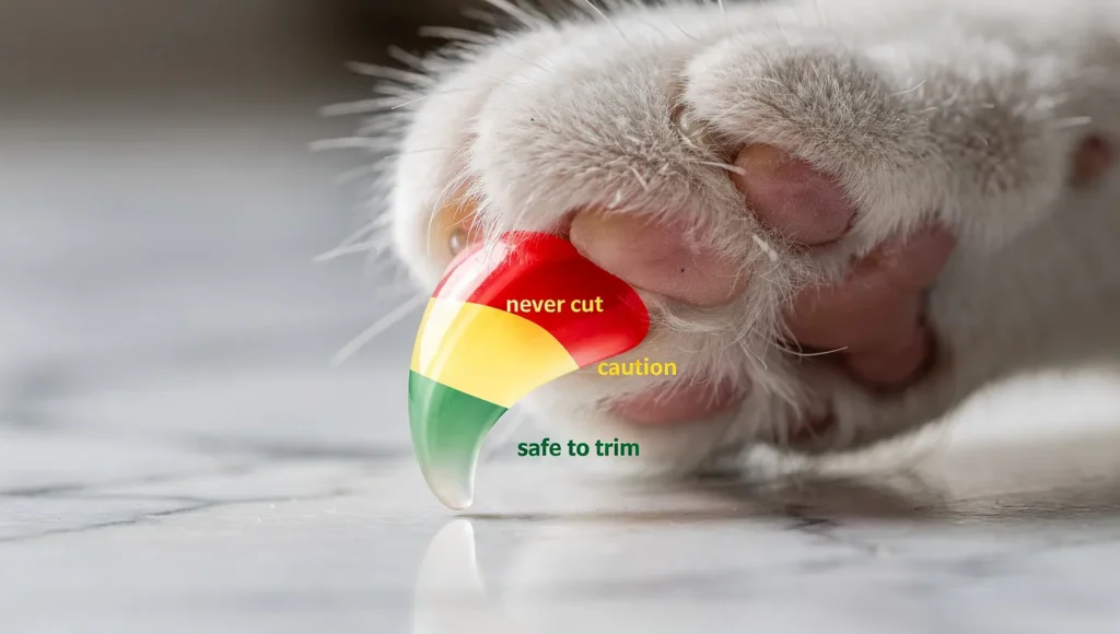 Cat nail anatomy showing the quick and safe trimming zone