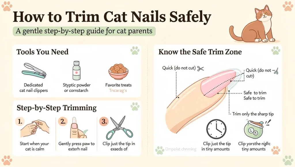 Cat nail trimming guide infographic — tools, frequency, safe cut zone and emergency tips
