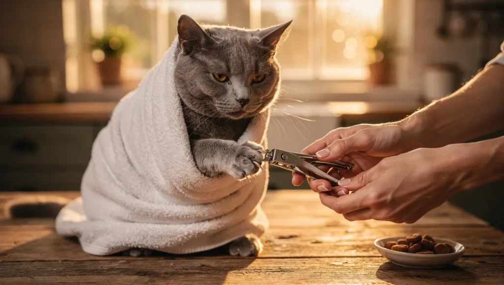 How to trim cat nails at home — calm cat wrapped in towel during grooming