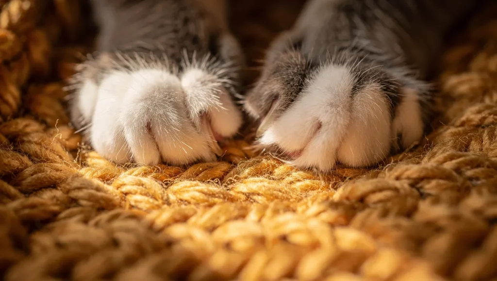 Close-up of cat paws kneading soft blanket