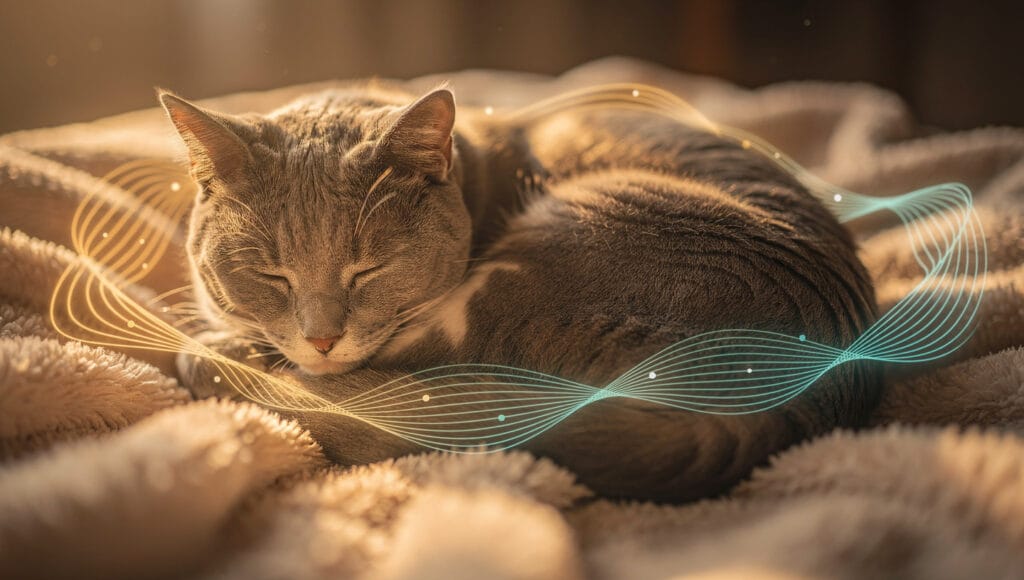 Cat purring healing frequency illustration showing vibration and self-healing benefits.
