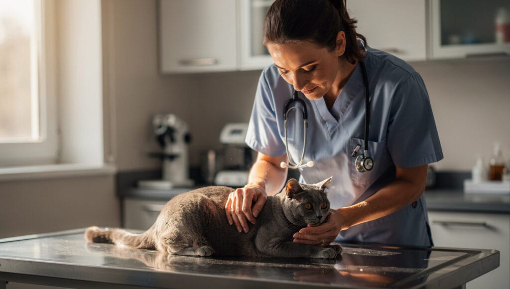 Veterinarian examining a cat, explaining do cats purr when they are in pain.