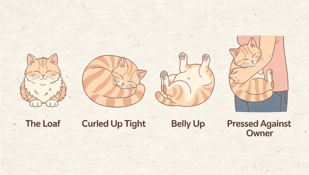 Cat sleep positions meaning – loaf curled belly up pressed against owner