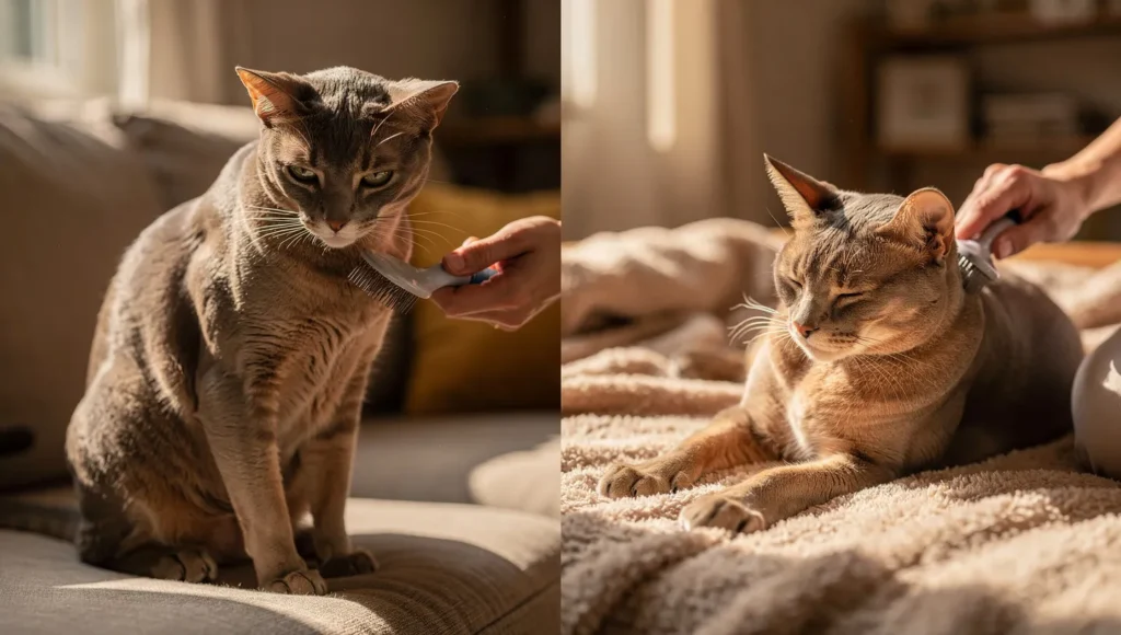 Cat showing relaxed body language during brushing
