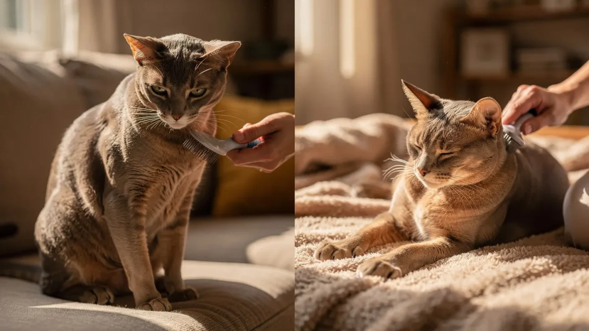 Cat showing relaxed body language during brushing