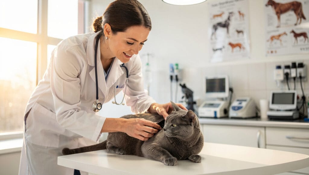 A professional veterinarian examining a cat for medical conditions like UTIs that cause a cat peeing on the bed.