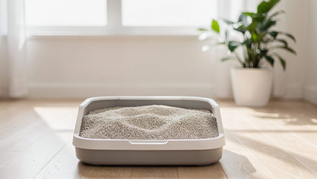 A perfectly clean and open litter box setup designed to prevent the issue of a cat peeing on the bed.