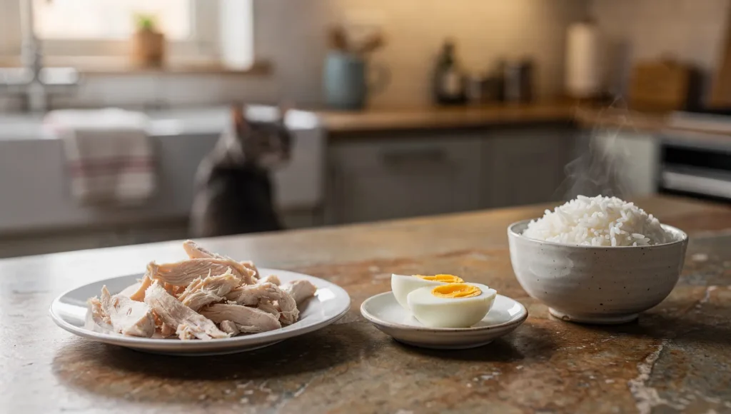 Emergency cat food alternatives — cooked chicken and eggs on kitchen counter