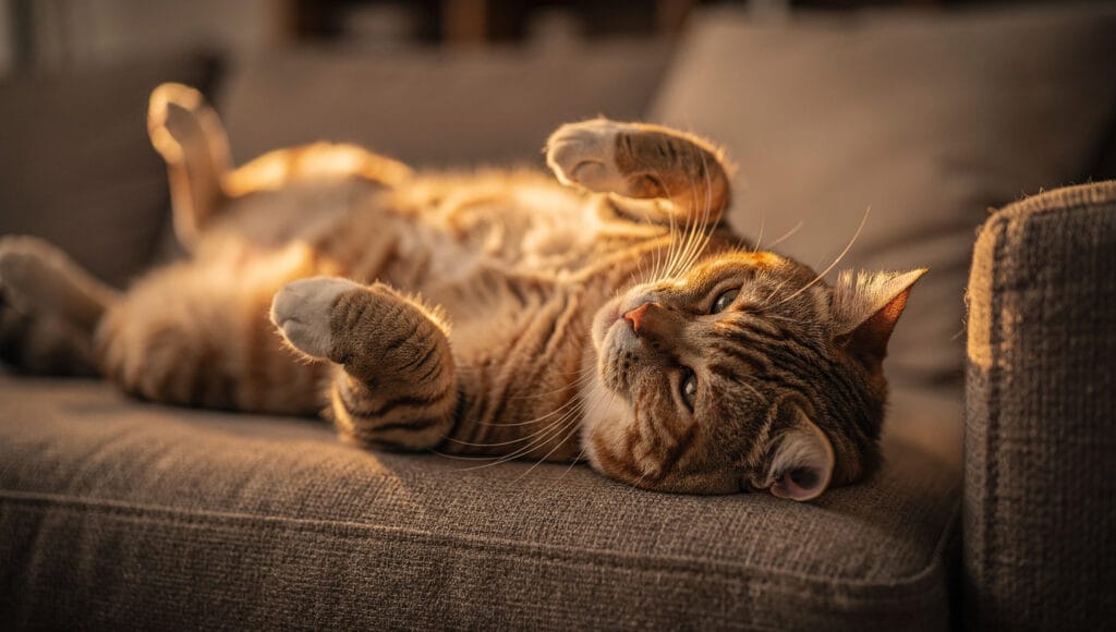 Relaxed cat body language while purring, a sign of happiness and emotional comfort.