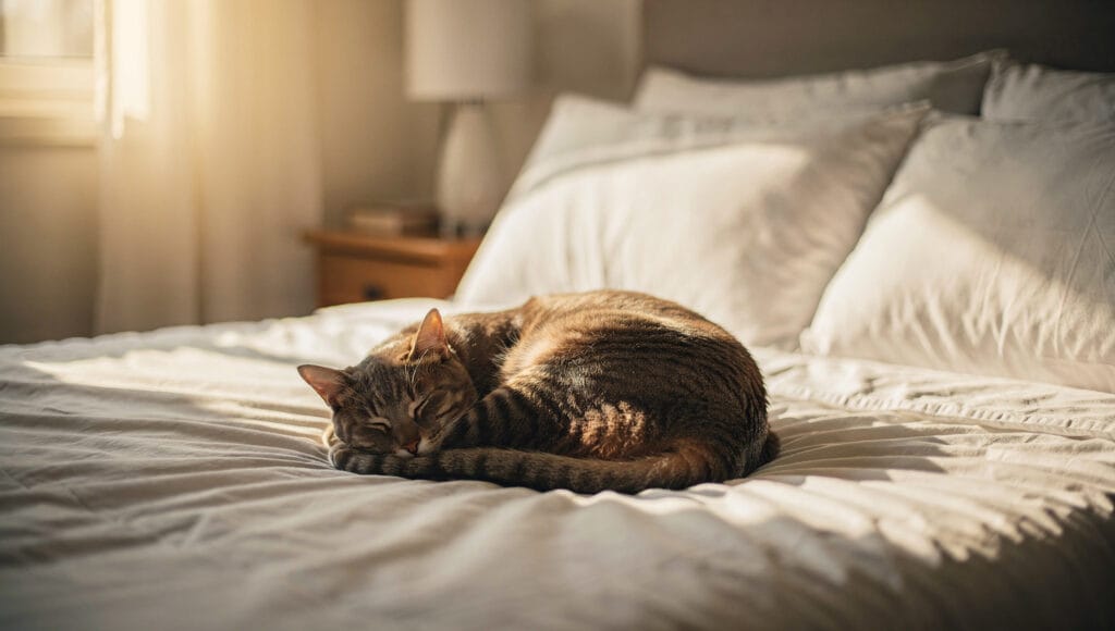 A relaxed and happy cat sleeping on a clean bed after successfully stopping the cat peeing on the bed habit.