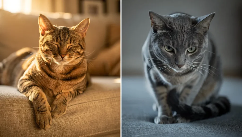 Happy cat purring vs stress purr body language comparison