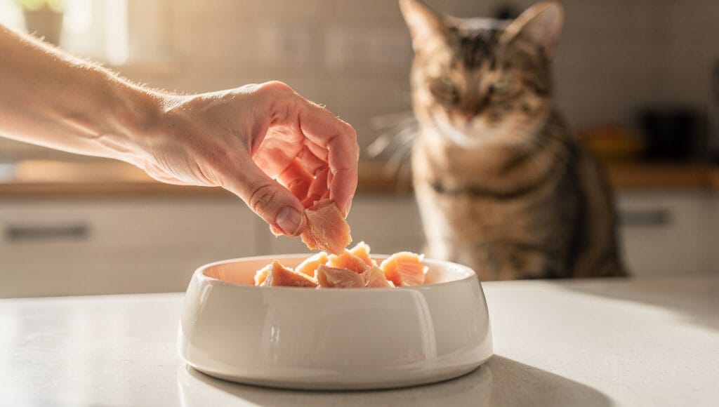 A person placing small, pre-cut pieces of plain cooked chicken into a cat bowl for safe feeding.