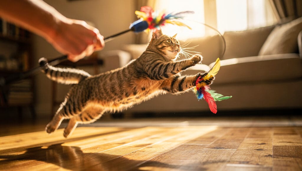 Using a feather wand toy to safely redirect cat biting behavior.