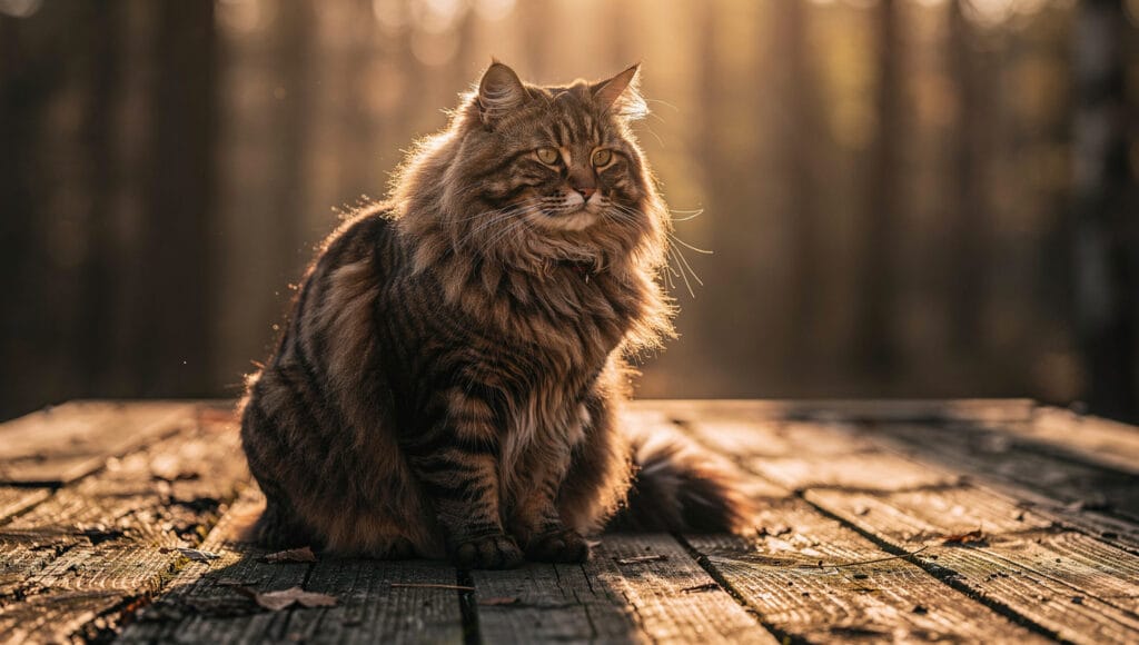 Maine Coon Cat Care A majestic Maine Coon cat sitting majestically showing its thick fur and lynx tips.