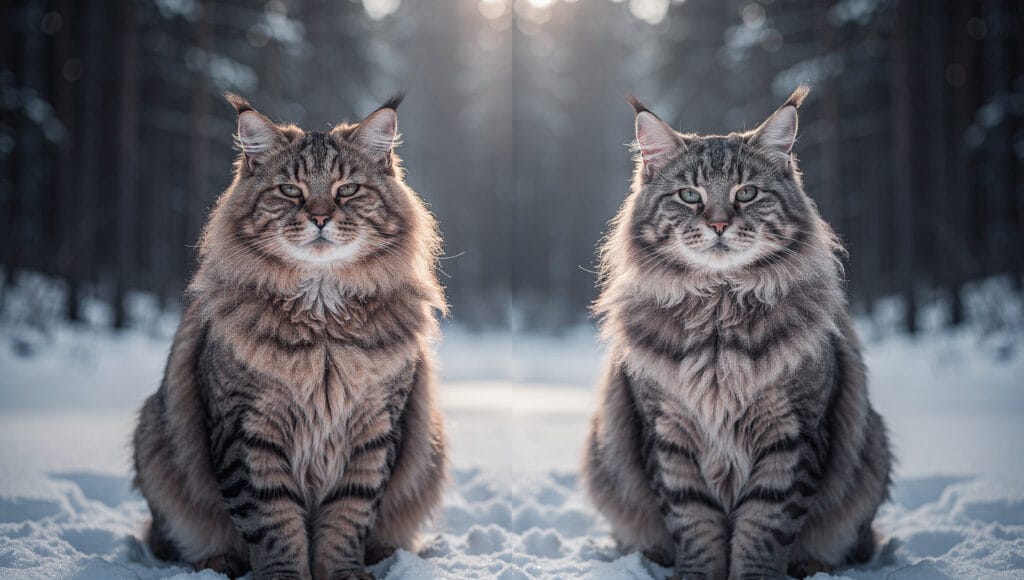 Side by side comparison showing the facial profile of a Maine Coon and a Norwegian Forest Cat.