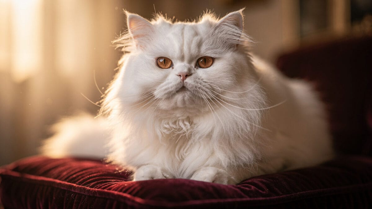 Persian cat care A beautiful white Persian cat representing the breed's elegance.