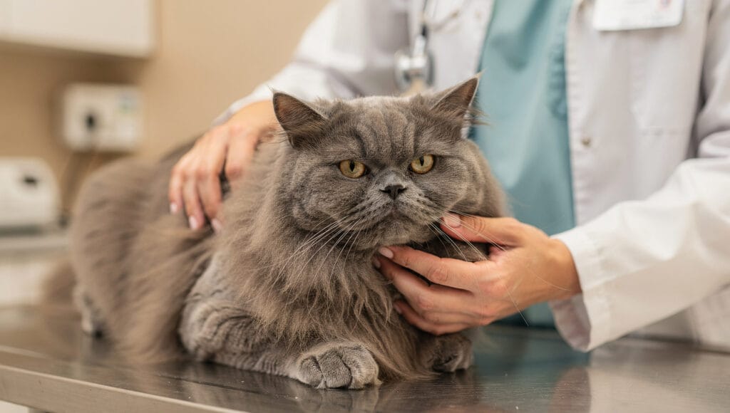 A senior Persian cat at a veterinary clinic for a health checkup.