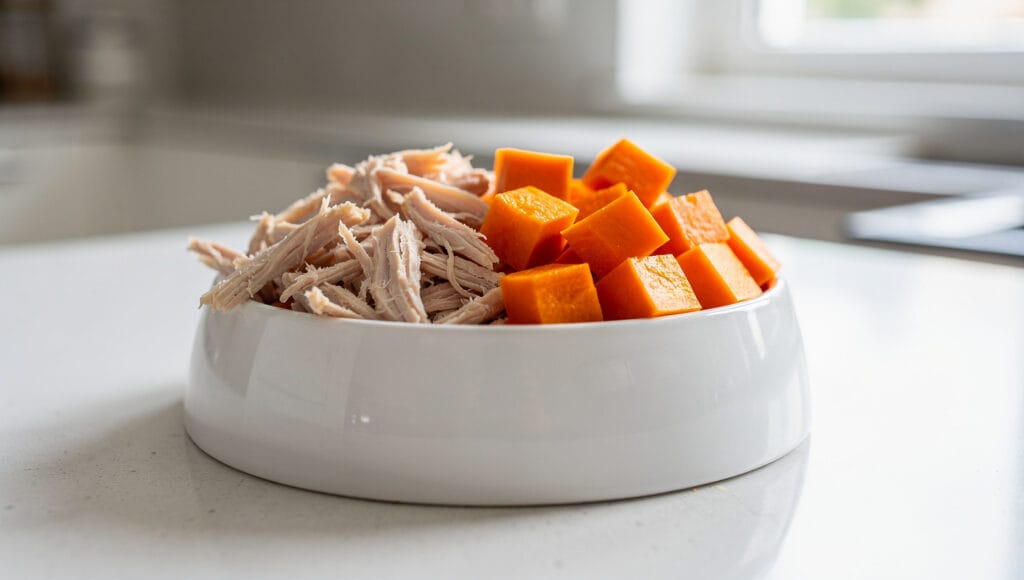 A white ceramic bowl containing plain boiled chicken and pumpkin cubes, which are safe foods for cats.