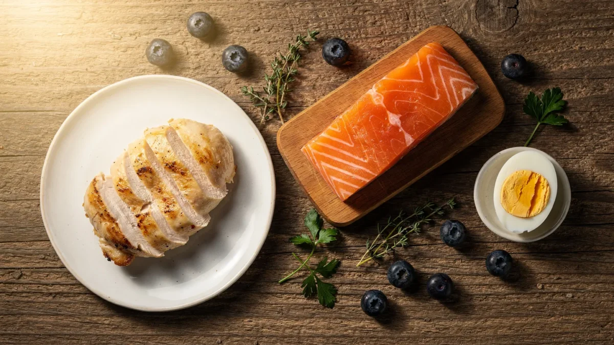 Safe human foods cats can eat — chicken salmon eggs blueberries