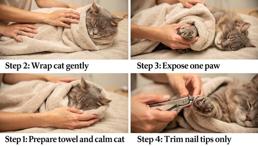 Towel burrito method for trimming cat nails safely