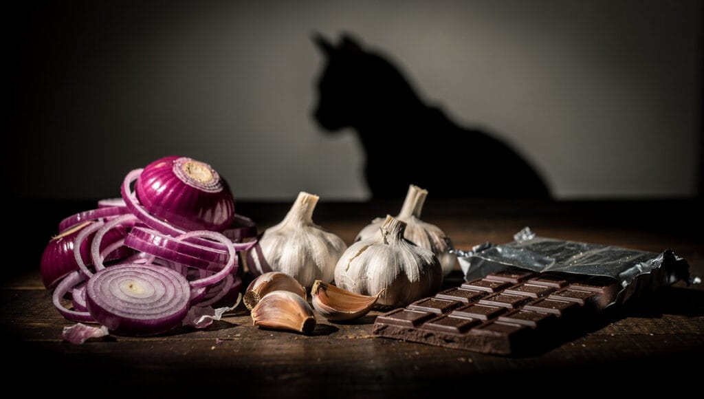 Dangerous toxic foods for cats including dark chocolate, red onions, and garlic on a dark table