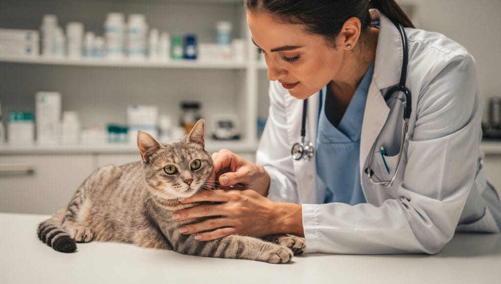 Veterinarian examining a cat to explain the difference between normal sleep and lethargy.