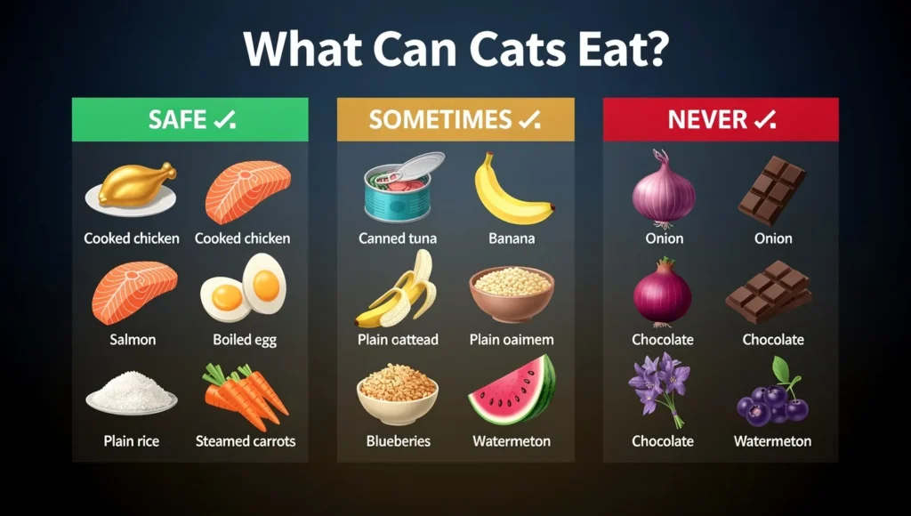What can cats eat — safe and toxic foods infographic for cat owners