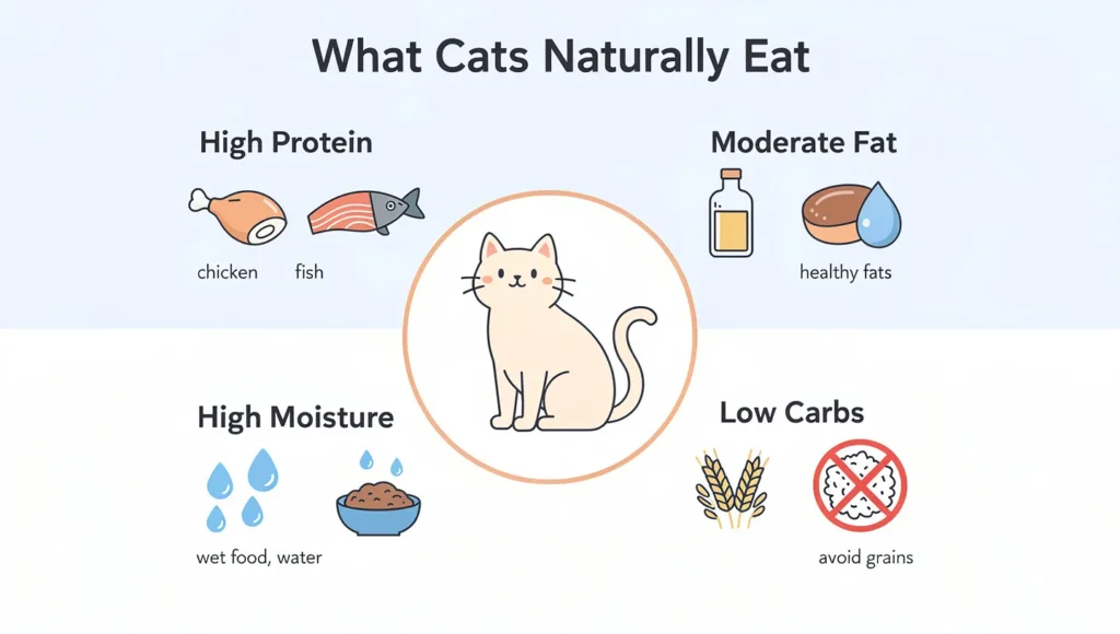 Infographic showing what cats naturally eat including high protein, low carbohydrates, and high moisture diet