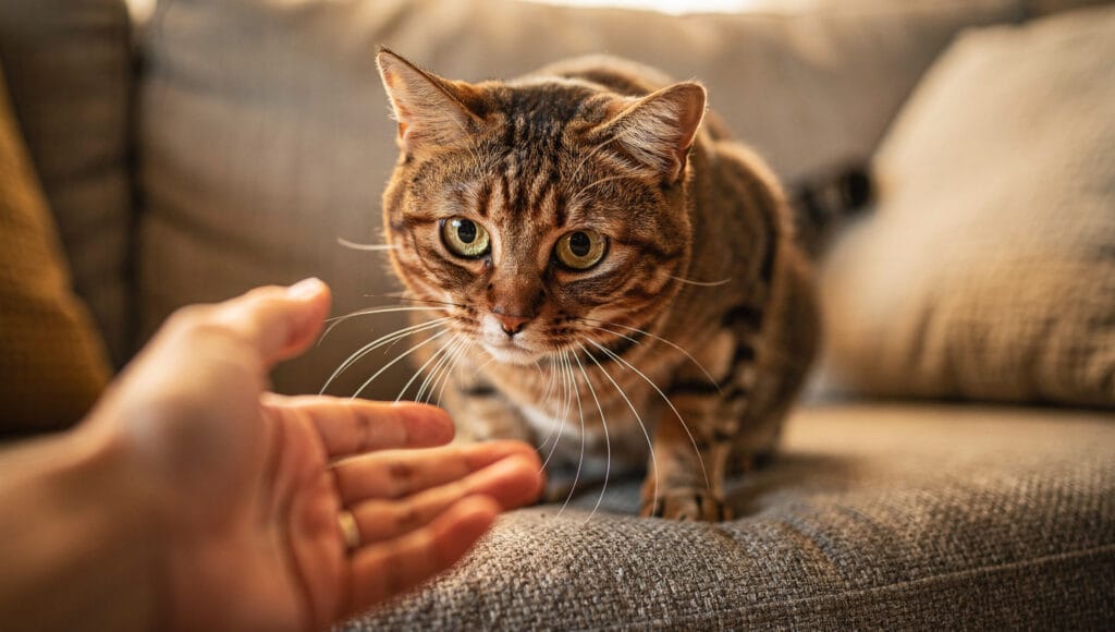 A playful cat with dilated pupils stalking its owner's hand, showing signs of play aggression.
