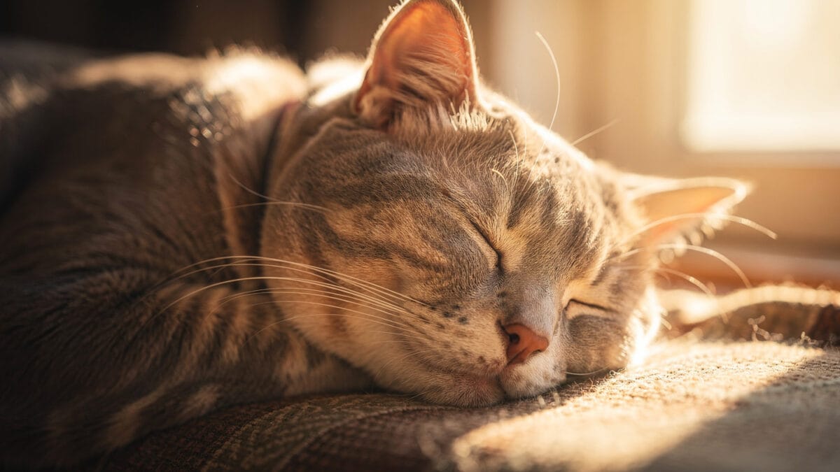 Why Do Cats Purr? Sleeping cat purring peacefully, showing why do cats purr when they feel safe and relaxed