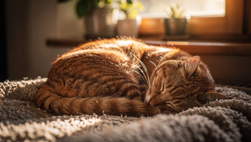 Why Do Cats Sleep So Much? Cat sleeping deeply in warm sunlight, illustrating normal cat sleeping habits