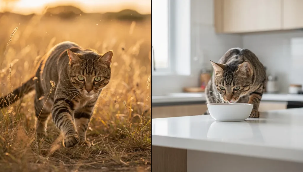 Wild cat hunting prey vs domestic cat eating from bowl