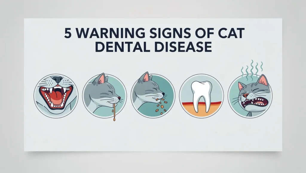 An infographic showing 5 icons representing: red gums, drooling, difficulty eating, loose teeth, and foul breath