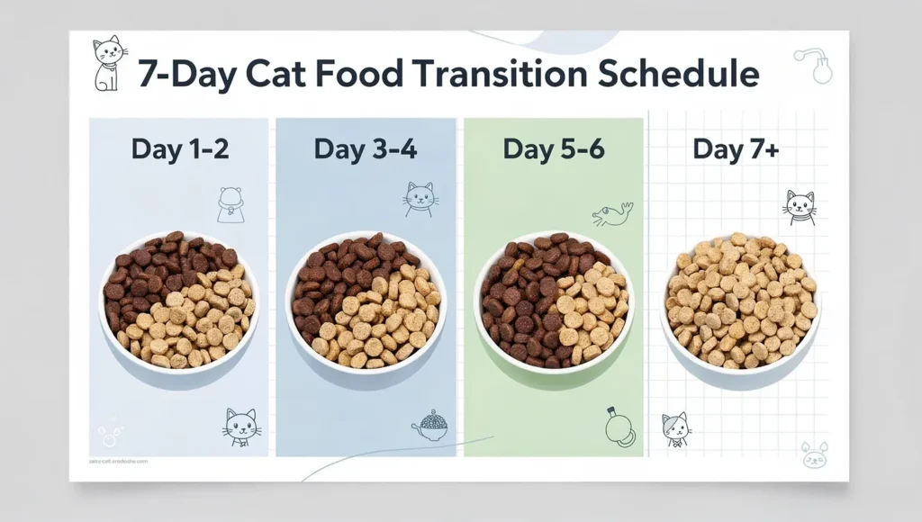 A printable infographic chart showing the 7-day cat food transition schedule with mixing ratios (75/25, 50/50, 25/75, 100% new food).