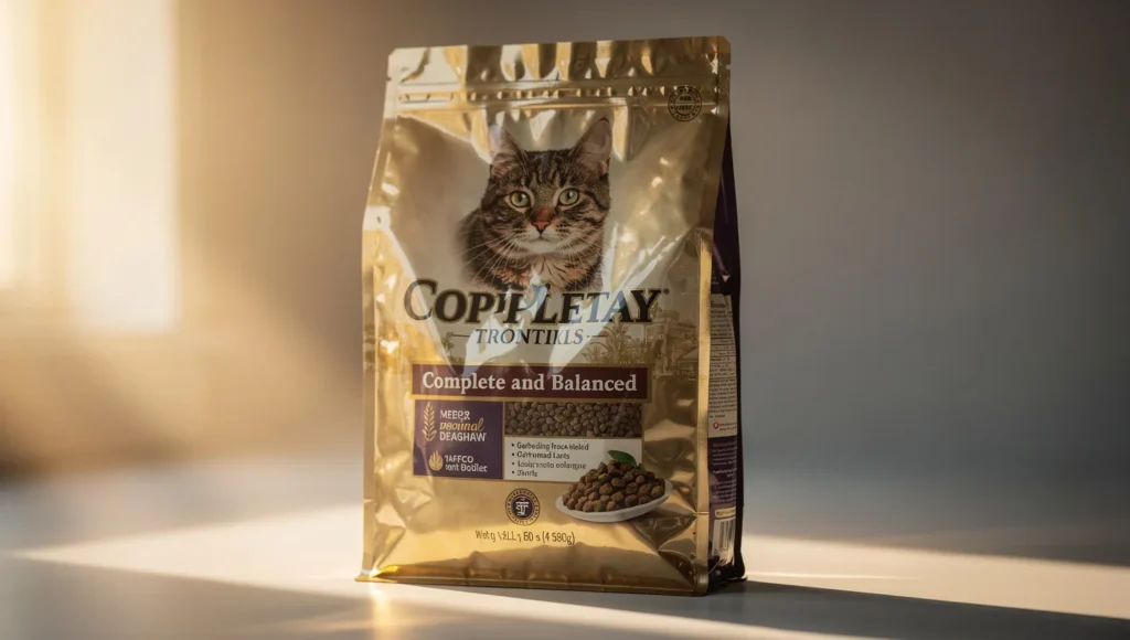  A close-up, focused photo of the fine print on a cat food label where it says "Complete and Balanced," with a green checkmark icon overlaid.