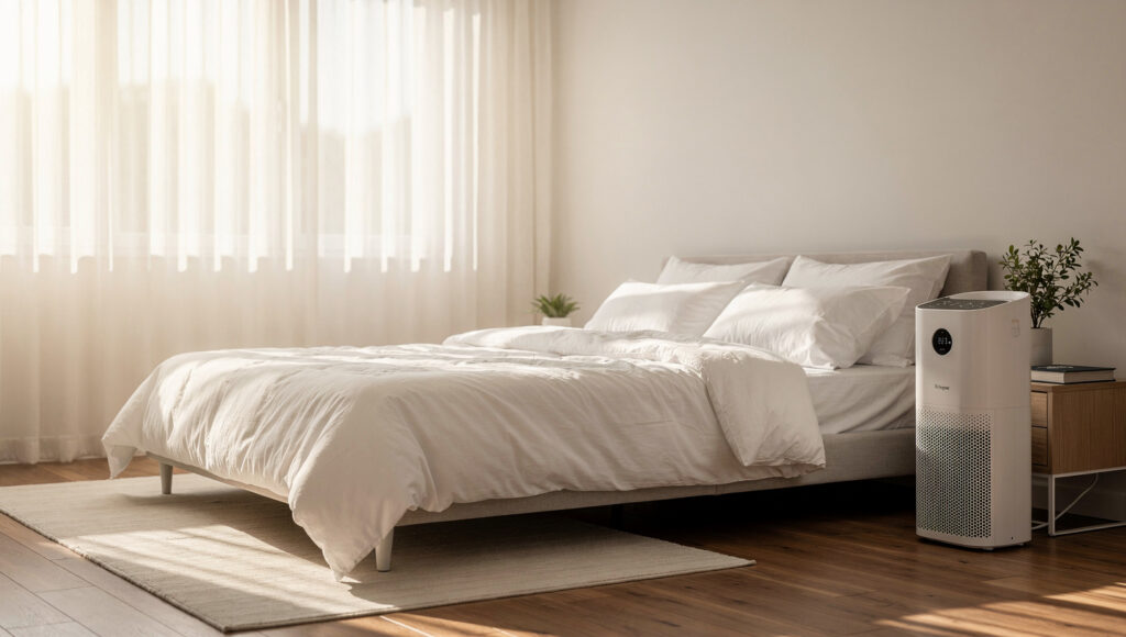 A clean bedroom with a "no cats" sign