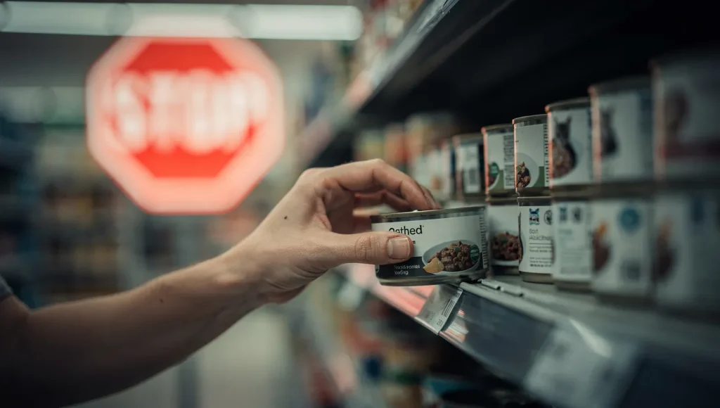 A close-up, dramatic photo of a hand putting a cat food can back on a shelf, with a red "X" over the ingredients list to symbolize avoiding bad ingredients.