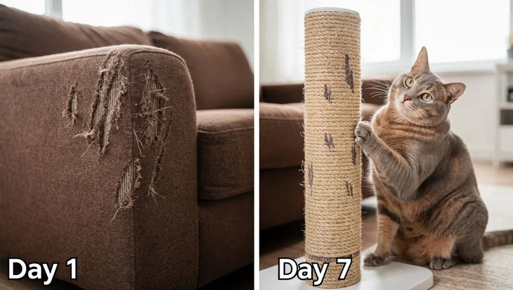 Before and after split image showing shredded couch versus intact couch with cat using scratcher